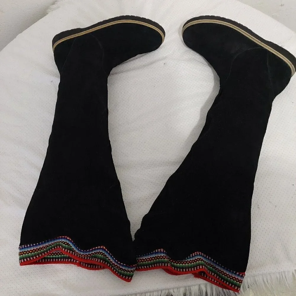 Inca Boot Company Electra Zora Over-The-Knee  Suede Embroidered Boots Black Sz 9